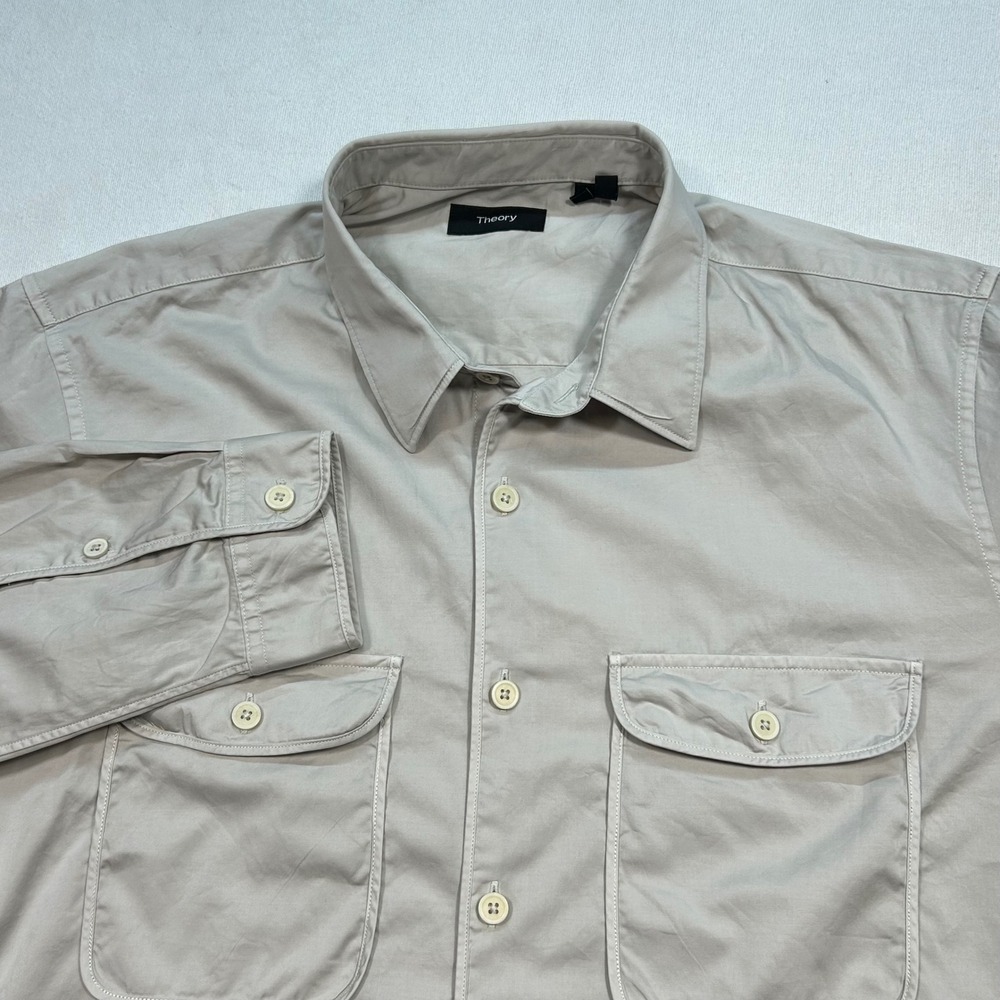Theory Button‎ Down Shirt L Mens Beige Utility Workwear Long Sleeve Flap Pockets